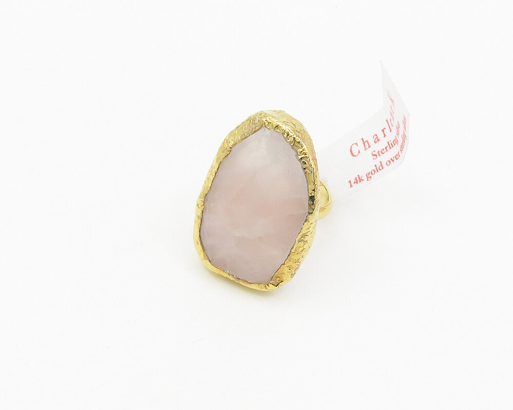 925 Sterling Silver  Rose Quartz Gold Plated Cocktail Ring Sz 7.5  RG17779