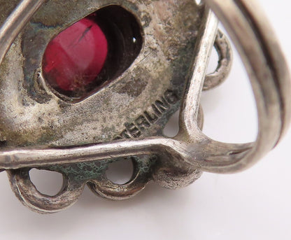 925 Sterling Silver Vintage Ring Classic Garnet Bohemian Flower  Sz 4.5  RG36336
