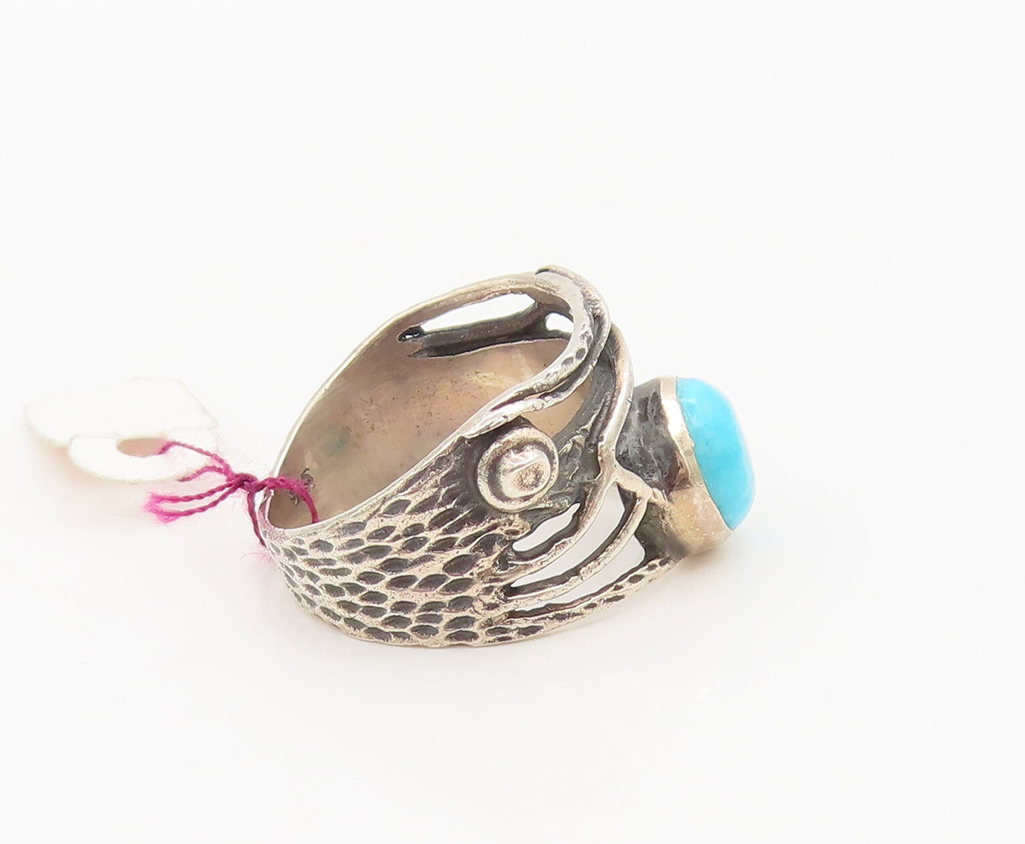 925 Sterling Silver  Vintage Designer Carved Turquoise Ring Sz 6.75  RG26933