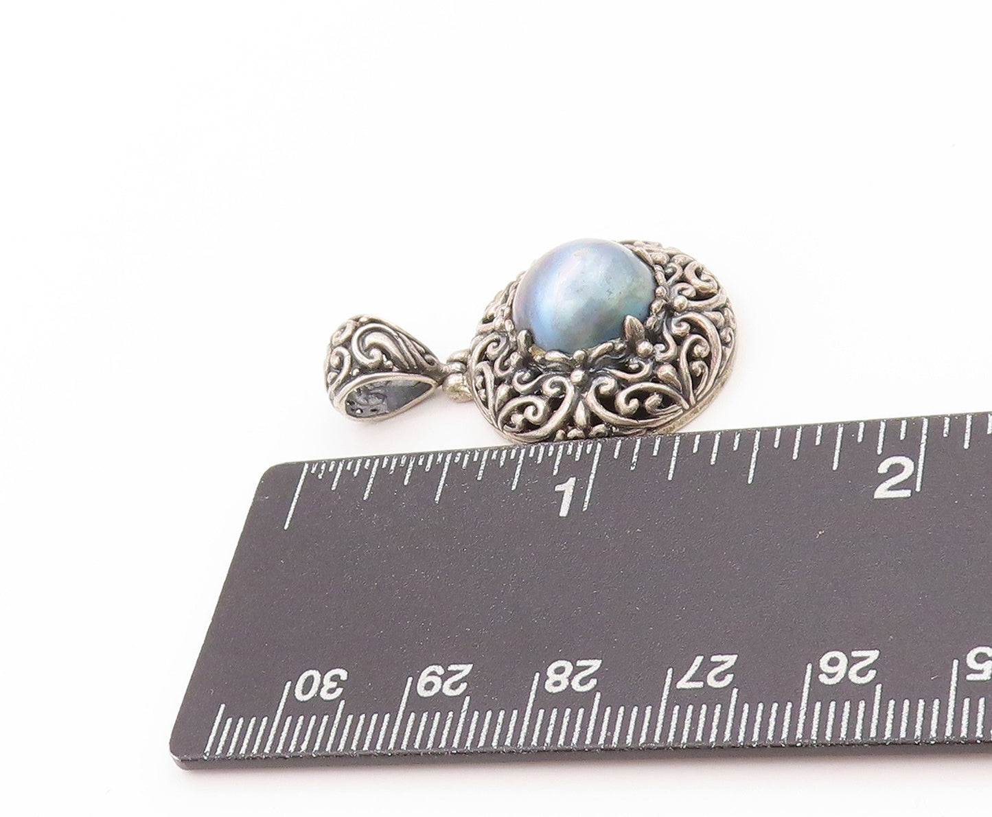 925 Sterling Silver Vintage Pendant Pearl Halo Dark Tone Swirls Carved  PT24104