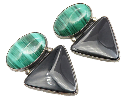 NAVAJO 925 Silver  Vintage Malachite & Black Onyx Non Pierce Earrings  EG5855