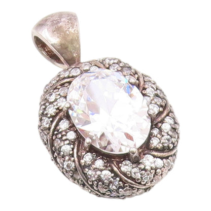 925 Sterling Silver   Vintage Sparkling Cubic Zirconia Oval Pendant  PT14994