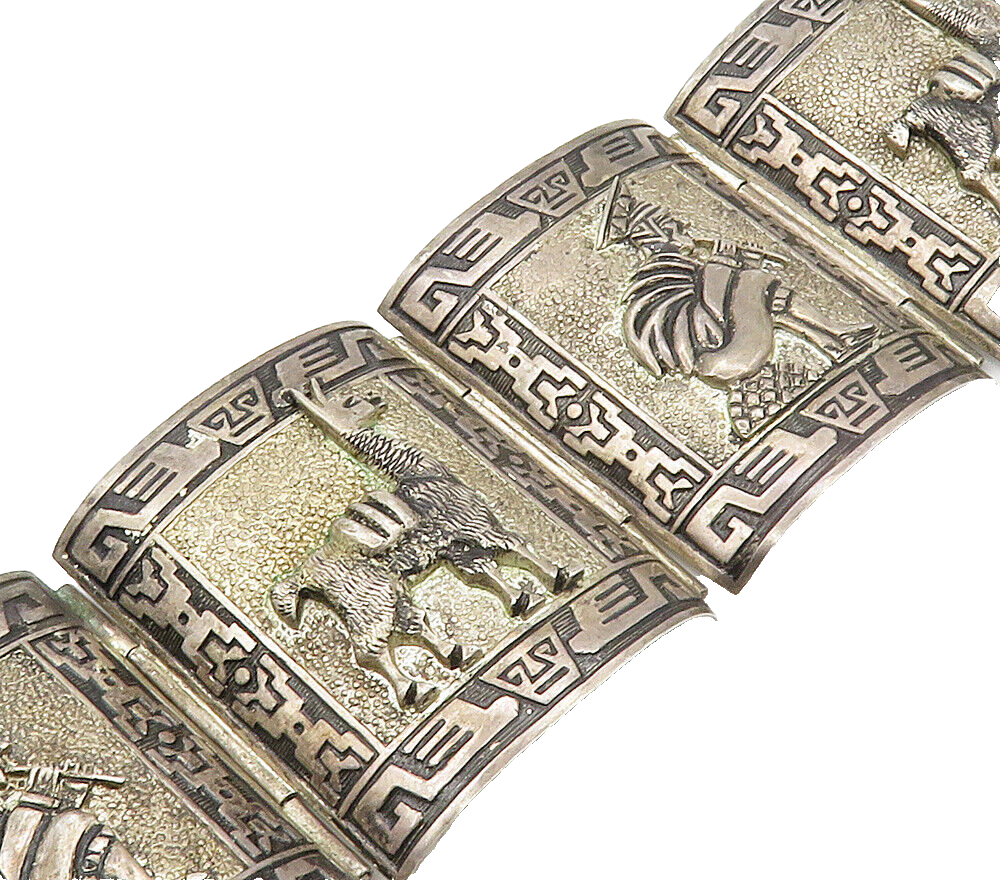 PERU 925 Sterling Silver  Vintage Alpaca & Man Panel Chain Bracelet  BT6427