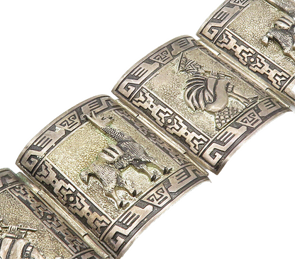PERU 925 Sterling Silver  Vintage Alpaca & Man Panel Chain Bracelet  BT6427