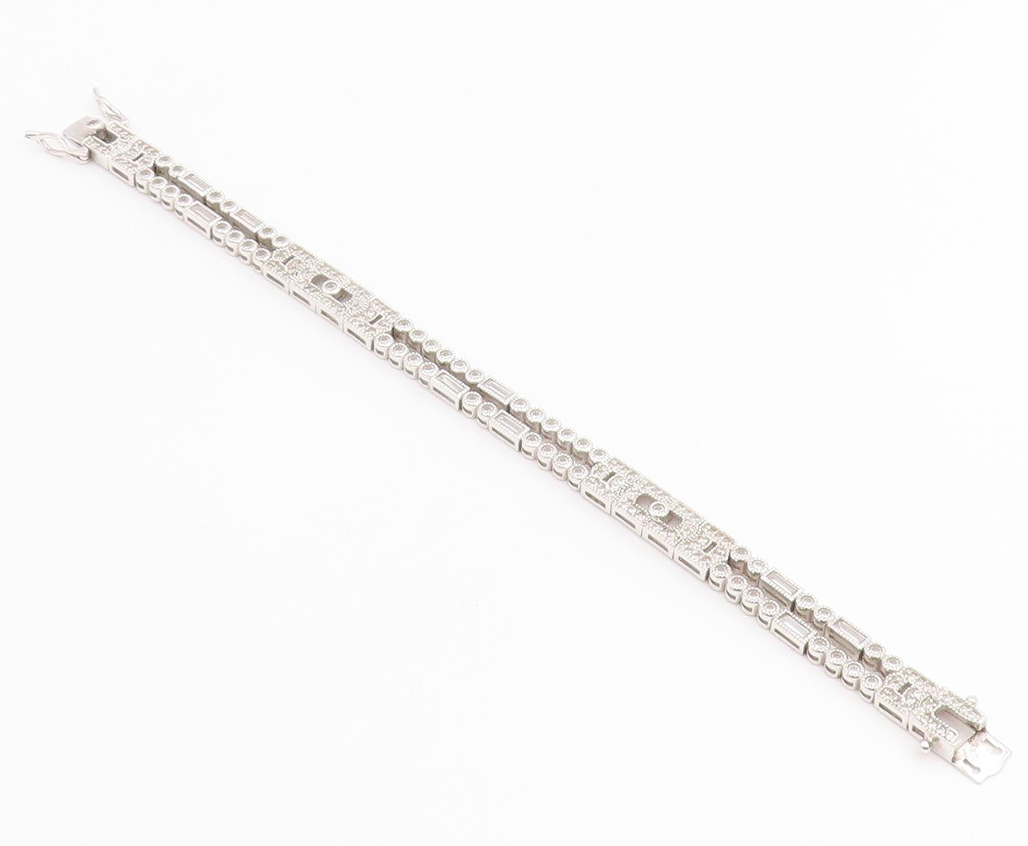 925 Sterling Silver Vintage Bracelet  Multi Shape CZ Double Strap Link  BT12225