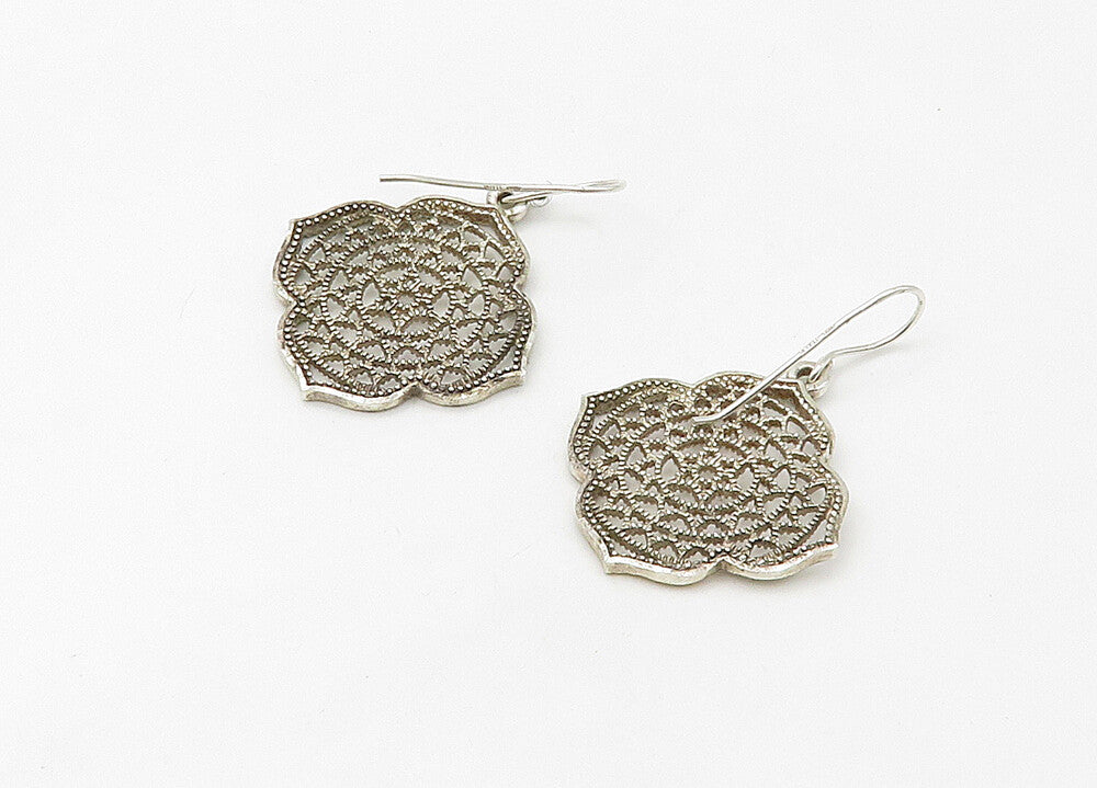 925 Sterling Silver  Vintage Shiny Open Flower Design Dangle Earrings  EG10625