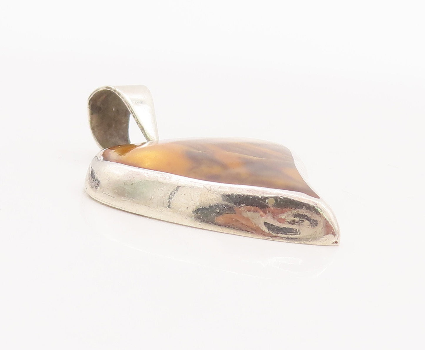 925 Sterling Silver Vintage Pendant MEXICO Solid Tiger's Eye Inlay Heart PT23458