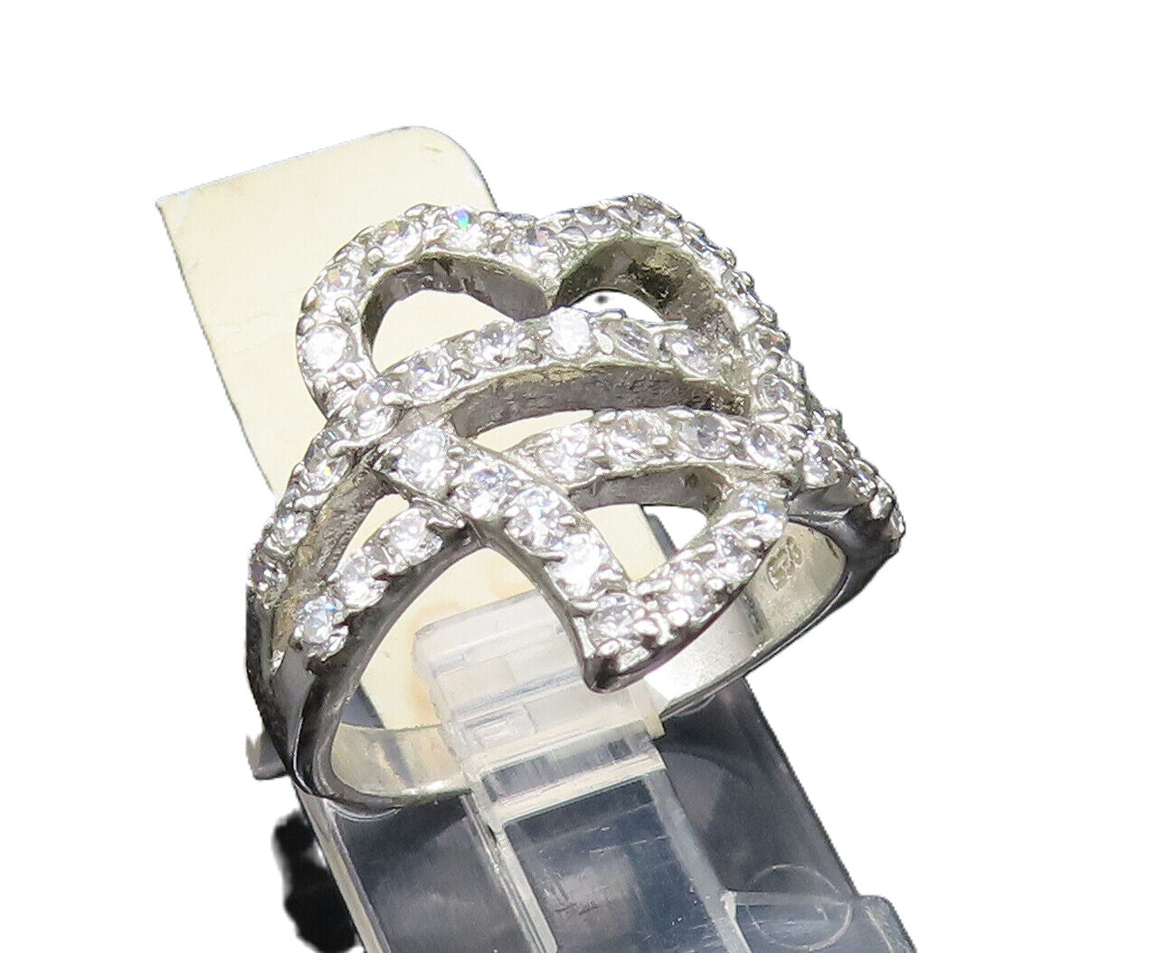 925 Silver  Vintage Cubic Zirconia Overlapping Love Heart Ring Sz 7.5  RG25647