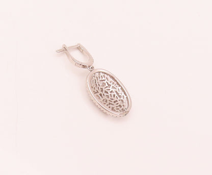 925 Silver  Vintage Dangling Oval Leaf Carved CZ Oval Drop Earrings  EG12493