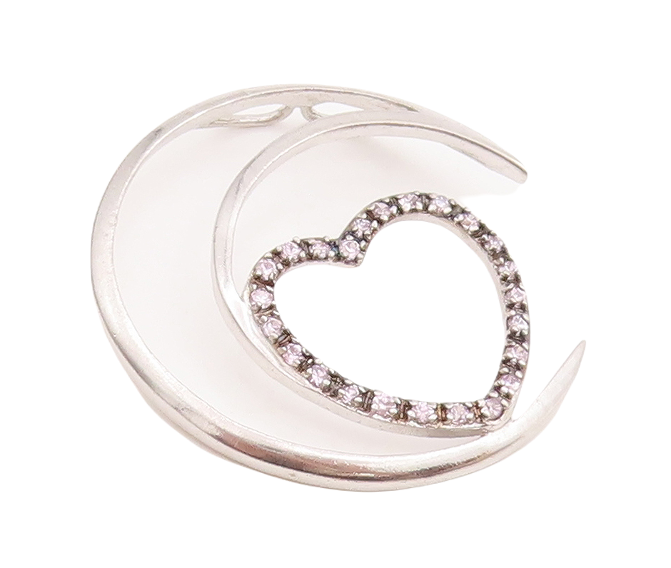 925 Sterling Silver Vintage Pendant Cutout Half Moon & Pink Topaz Heart  PT23393