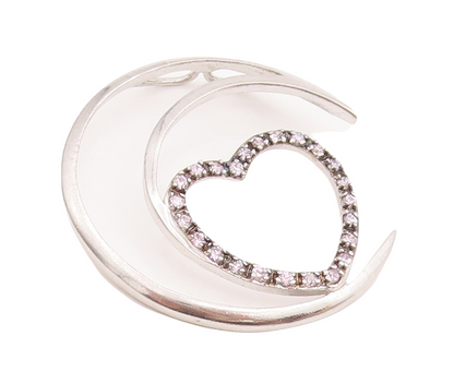 925 Sterling Silver Vintage Pendant Cutout Half Moon & Pink Topaz Heart  PT23393