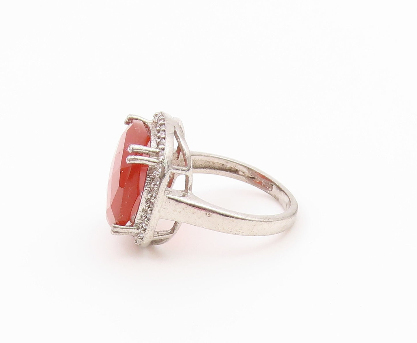 925 Sterling Silver Vintage Ring Faceted Carnelian Halo CZ Band  Sz 7.5  RG36569