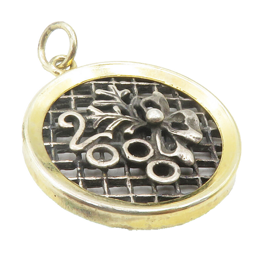 925 Sterling Silver  Two Tone 2000 Floral Ribbon Bow Round Pendant  PT9622