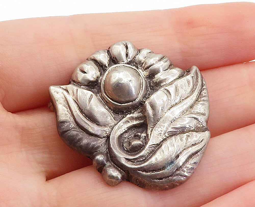 925 Sterling Silver  Vintage Antique Dark Tone Floral Leaf Brooch Pin  BP2435