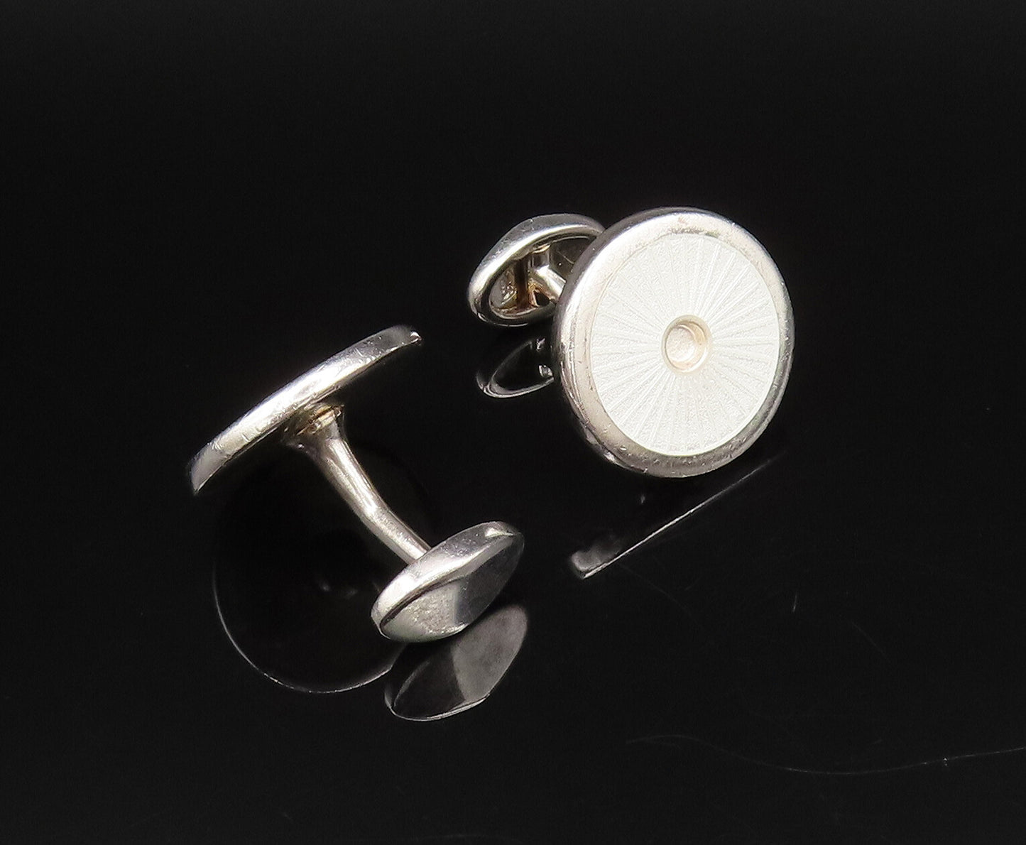 925 Sterling Silver  Vintage White Enamel Etched Lines Cuff Links  TR3422