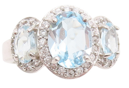 925 Sterling Silver Vintage Ring Three Blue Halo White Topaz  Sz 6  RG32788
