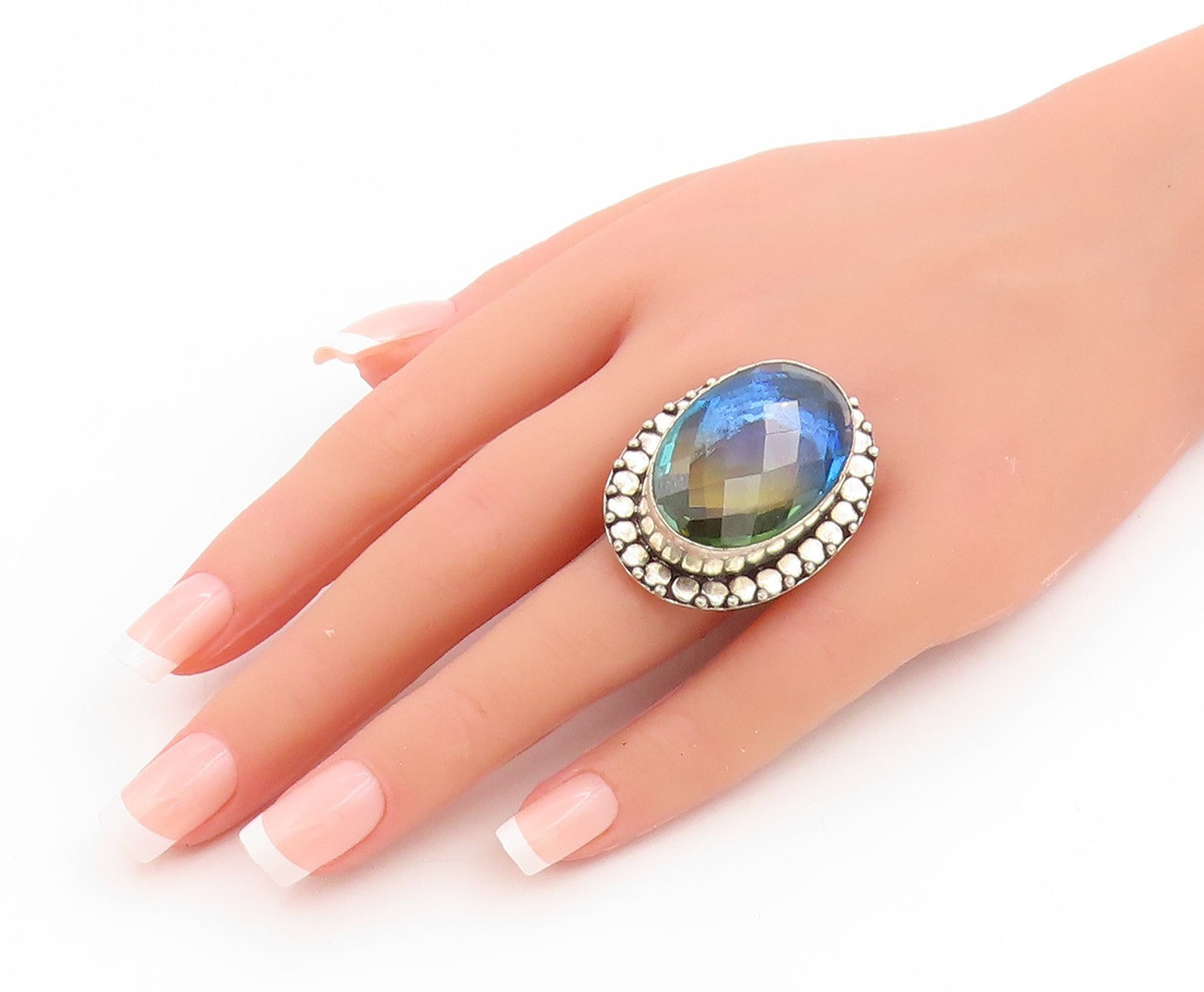 925 Sterling Silver Vintage Ring Large Mystic Topaz Geometric Band Sz 8 RG34138