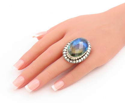 925 Sterling Silver Vintage Ring Large Mystic Topaz Geometric Band Sz 8 RG34138