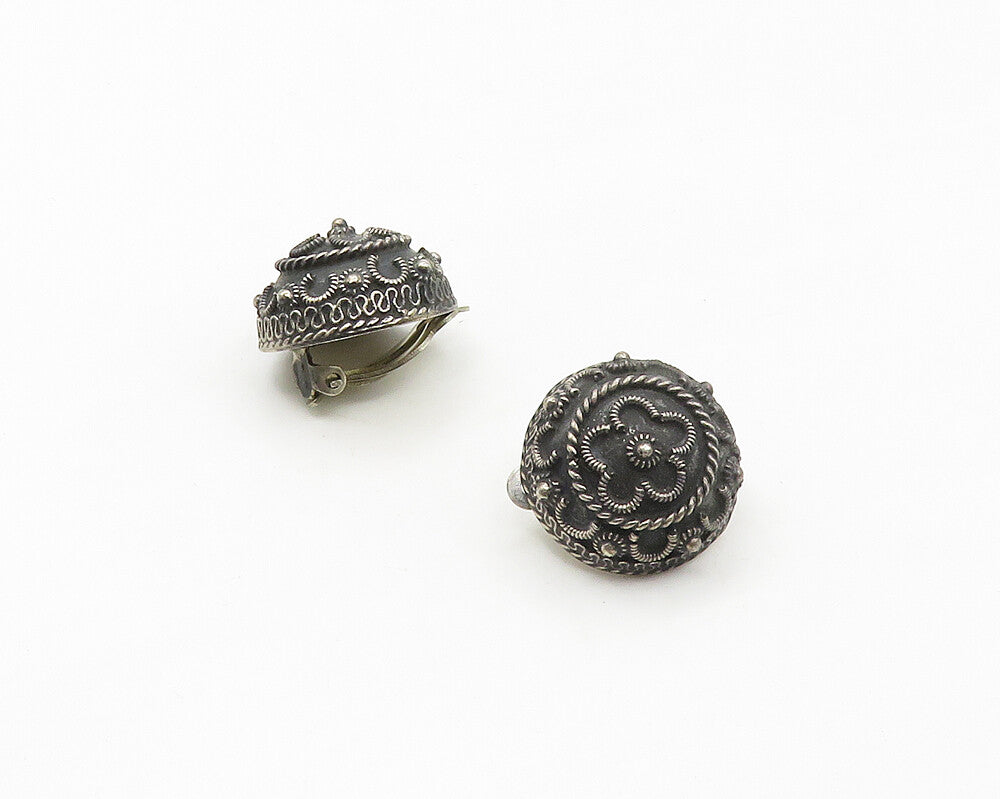 MEXICO 925 Silver  Vintage Floral Dome Oxidized Non Pierce Earrings  EG8983