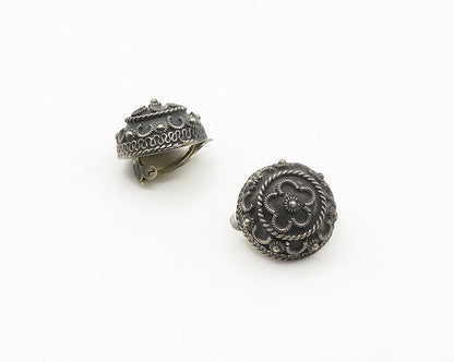 MEXICO 925 Silver  Vintage Floral Dome Oxidized Non Pierce Earrings  EG8983