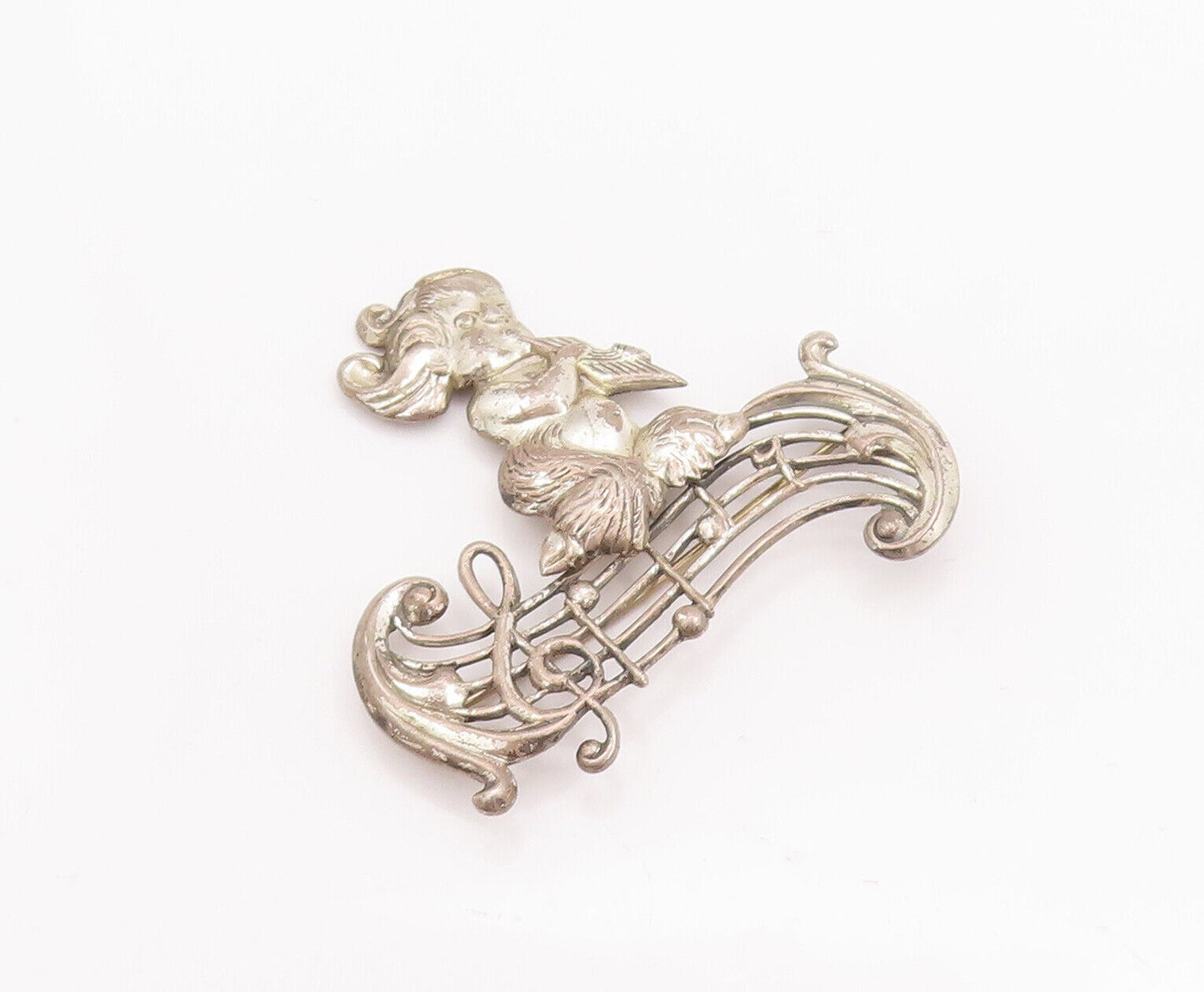 925 Sterling Silver Vintage Brooch Pin LANG Child Playing Musical Notes  BP10848
