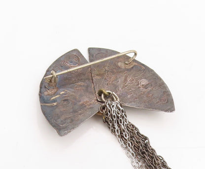 925 Sterling Silver Vintage Brooch Cosmic Fan Stars With Dangling Chain  BP12048