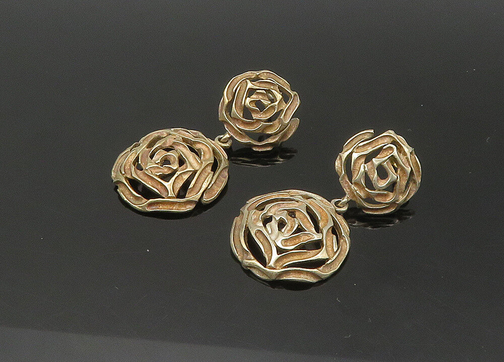 925 Sterling Silver  Vintage Rose Flowers Motif Dangle Earrings  EG10808