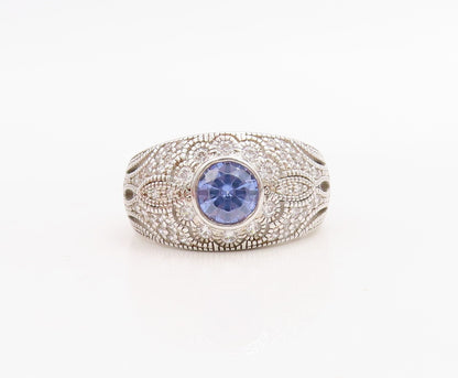 925 Sterling Silver Vintage Ring Floral Design Carved Sapphire & CZ Sz 7 RG30748