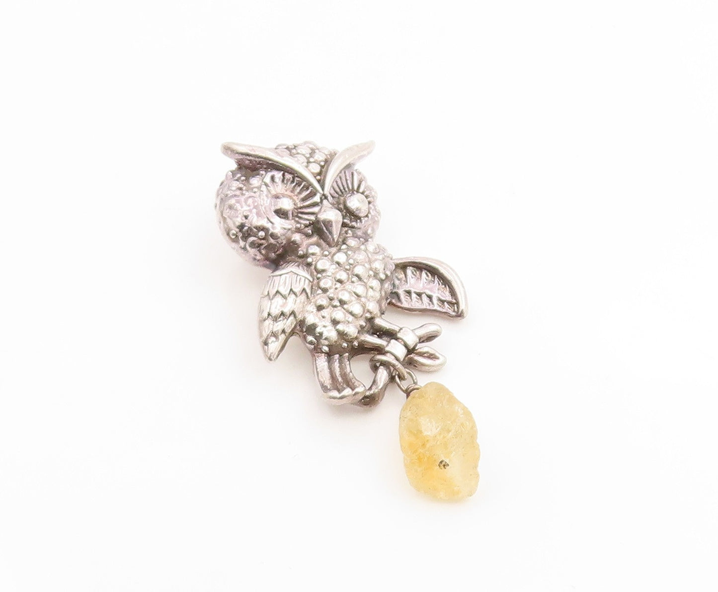 925 Sterling Silver Vintage Pendant ISRAEL Citrine Figural Wise Owl  PT26250