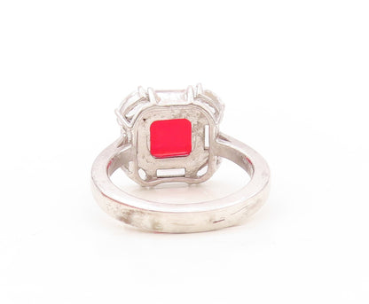 925 Sterling Silver Vintage Ring Square Red Halo White CZ Frame  Sz 7  RG30261