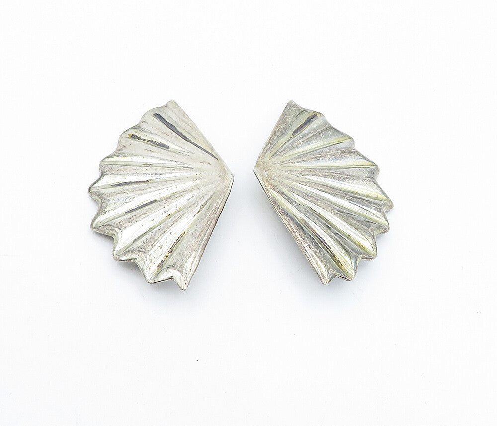 MEXICO 925 Sterling Silver Vintage Shiny Fan Style Non Pierce Earrings EG2235