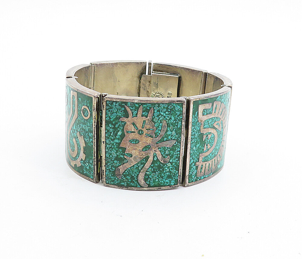 CFR MEXICO 925 Silver Vintage Inlaid Gemstone Traditional Chain Bracelet  BT3190
