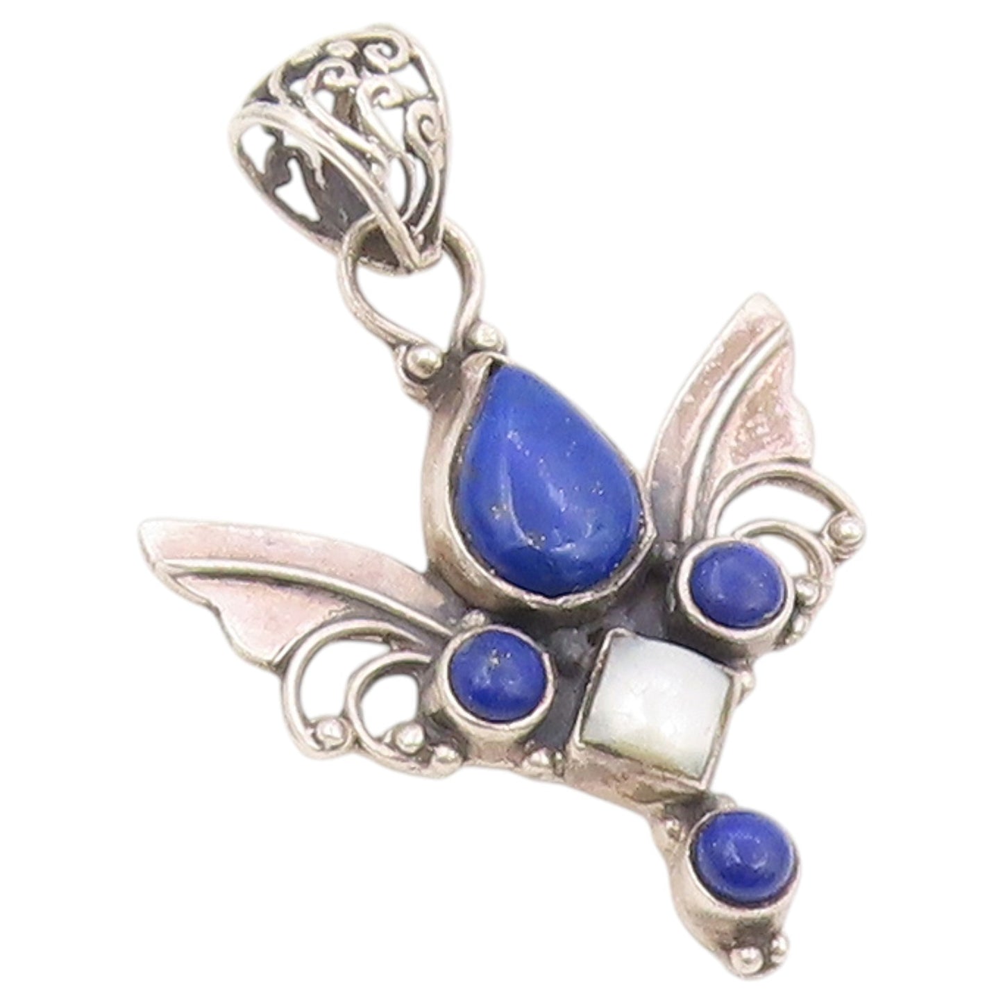 925 Sterling Silver Vintage Pendant Lapis Lazuli & Pearl Angel Wing  PT26427