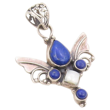925 Sterling Silver Vintage Pendant Lapis Lazuli & Pearl Angel Wing  PT26427