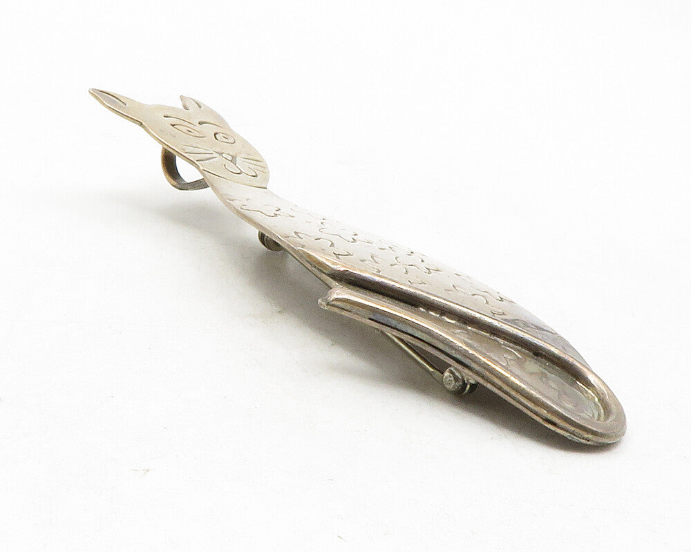 MEXICO 925 Sterling Silver  Vintage Flower Etched Cat Motif Brooch Pin  BP4640