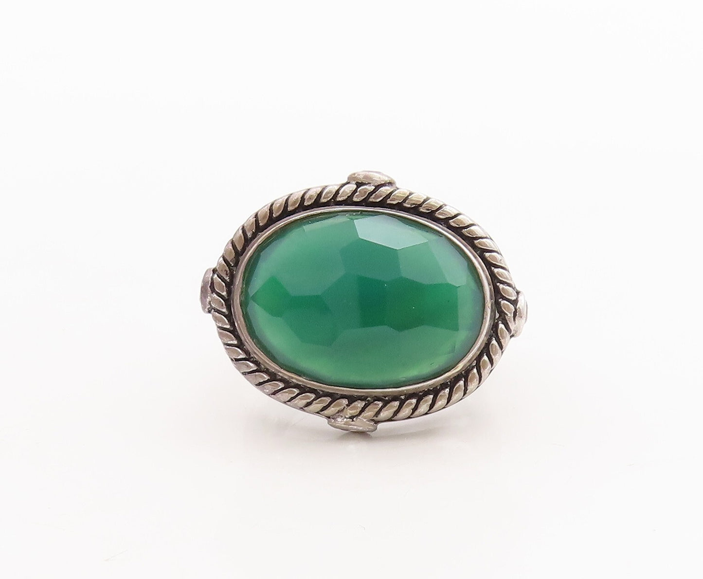 925 Sterling Silver Vintage Ring Roped Border Green Onyx & Topaz  Sz 7  RG29395