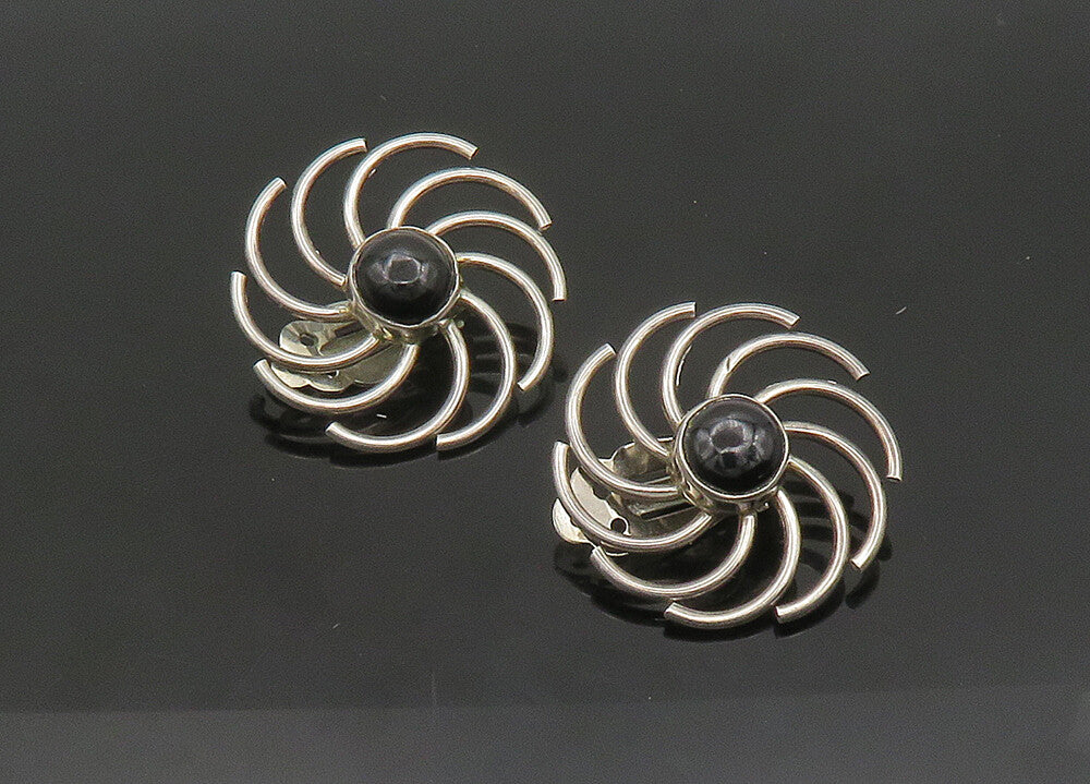 925 Silver  Vintage Black Onyx Flower Motif Shiny Non Pierce Earrings  EG11403