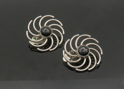 925 Silver  Vintage Black Onyx Flower Motif Shiny Non Pierce Earrings  EG11403