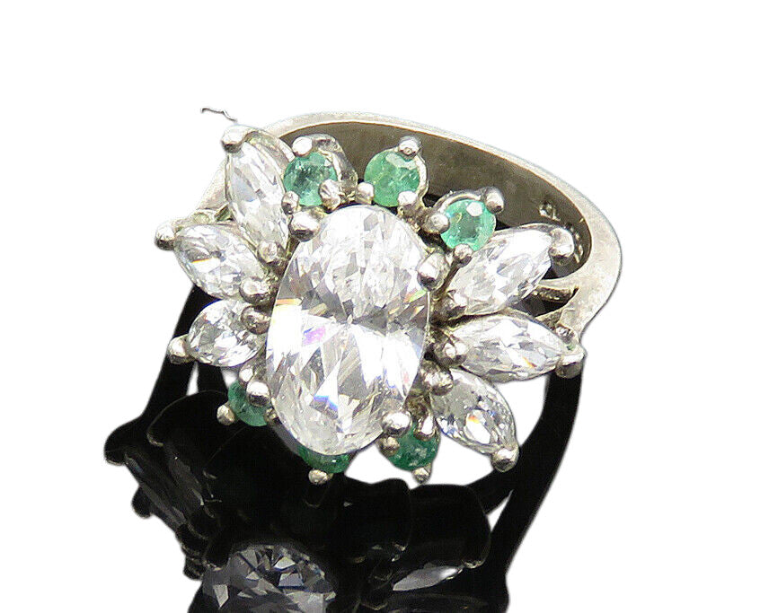 925 Silver  Vintage Cubic Zirconia & Topaz Floral Cocktail Ring Sz 6  RG19989