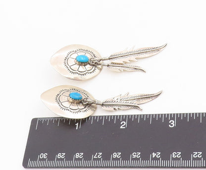 925 Sterling Silver Vintage Earrings NAVAJO Turquoise Feather Dangles  EG13726