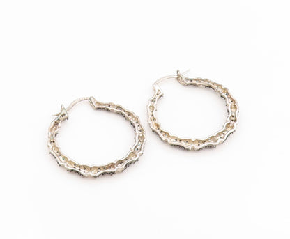 925 Sterling Silver Vintage Earrings Black Spinel Bamboo Style Hoops  EG14351