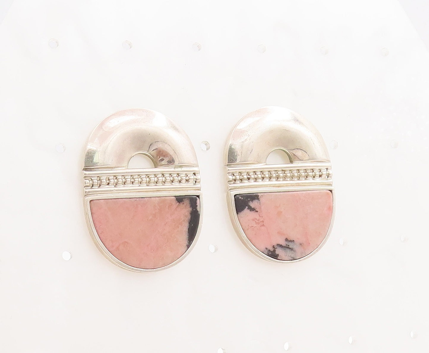 925 Sterling Silver Vintage Earrings Designer Carved Pink Black Gemstone EG12964
