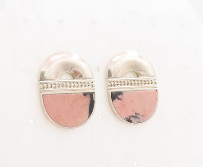 925 Sterling Silver Vintage Earrings Designer Carved Pink Black Gemstone EG12964