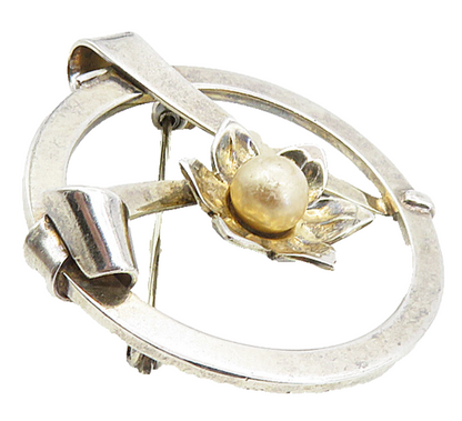 925 Sterling Silver  Vintage Golden Pearl Flower Motif Brooch Pin  BP3252