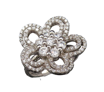 925 Sterling Silver  Vintage Openwork Cubic Zirconia Flower Ring Sz 6  RG25748