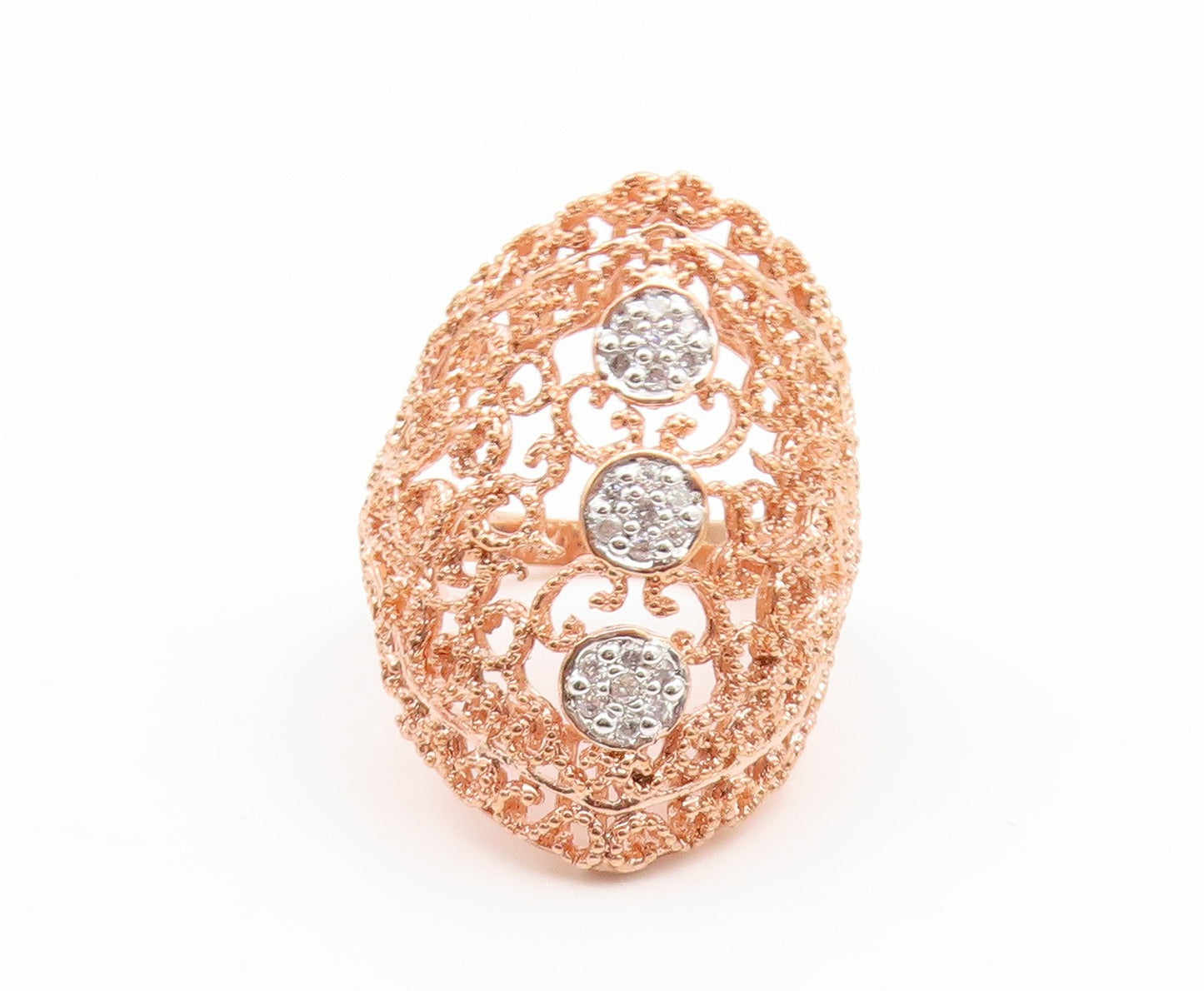 925 Sterling Silver Vintage Ring Gold Plated CZ Intricate Openwork Sz 8 RG35216