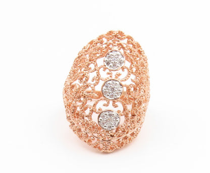 925 Sterling Silver Vintage Ring Gold Plated CZ Intricate Openwork Sz 8 RG35216