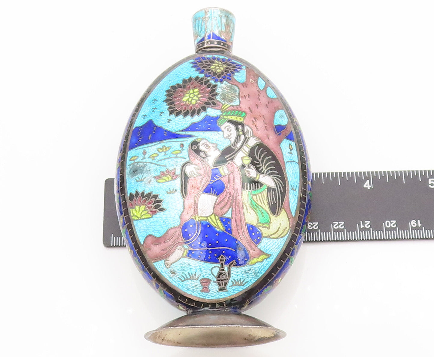 Solid Silver Vintage Enamel Painted Royal Lovers in Garden Flask TR3647