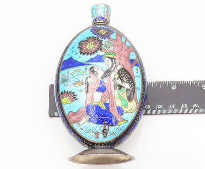 Solid Silver Vintage Enamel Painted Royal Lovers in Garden Flask TR3647