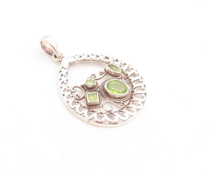 925 Sterling Silver Vintage Pendant Designer Swirly Cutout Peridot  PT23759